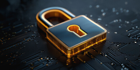 High-tech digital padlock in gold and black on futuristic circuit background
