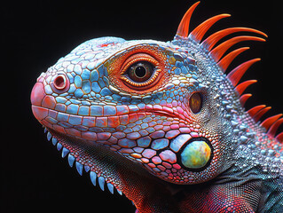 Vivid iguana portrait with neon red spikes and blue scales on black background
