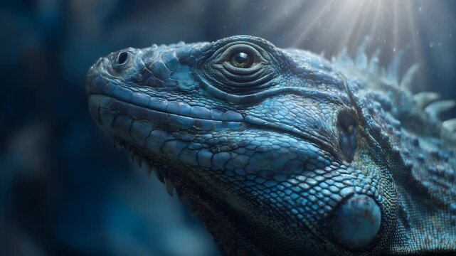 A beautiful blue iguana observes its surroundings with keen eyes, its textured skin reflecting the soft light that filters through the shadows. This remarkable iguana embodies the