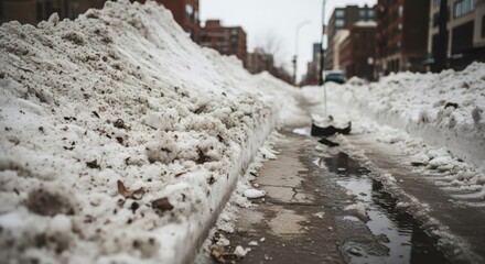 Dirty snow pile blocking a city sidewalk after a winter storm. Urban street scene with melting snow, slush, and shovel. Winter weather concept.