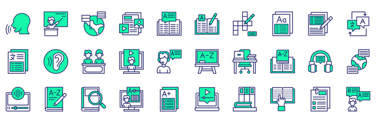 Language Learning icons collection. Vector illustration. Pronunciation, Teacher, Countries, Material, Vocabulary, Study, Crossword, Flashcard. Pro Vector