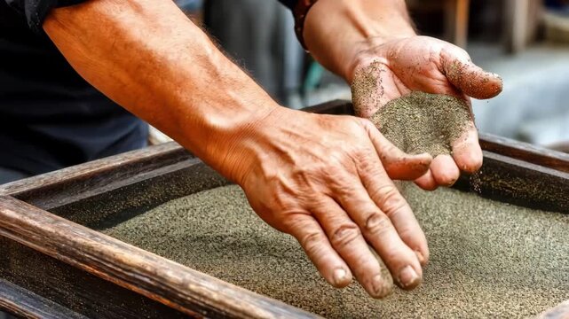Medium shot of a worker smoothing sand in a casting mold frame focusing on detailed texture and sand pattern consistency for precision in mold preparation.