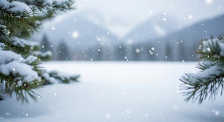 A serene winter landscape with snow falling on pine tree branches and a blurry mountain background.