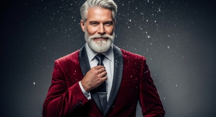 Man with a white beard and gray hair wearing a red suit while adjusting his tie with snow falling for Christmas and New Year.