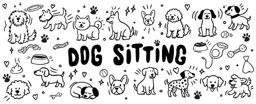 Dog Sitting Vector Set, Pet Care and Dog Walker Doodle Illustration Collection
