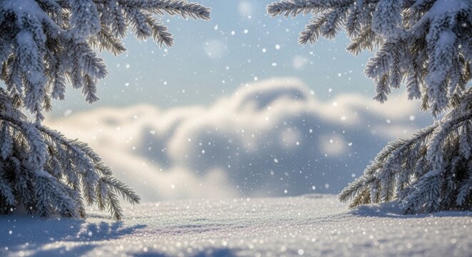 Snow-covered fir trees frame a serene winter landscape with a cloudy background and falling snowflakes.
