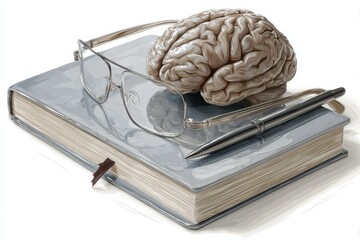Illustration Showcasing Learning Concepts With a Brain, Glasses, Book, and Pen on a White Surface