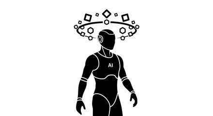 A black and white illustration of a humanoid robot with geometric shapes above its head silhouette