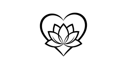 A simple black and white line drawing of a lotus flower inside of a heart shape outline design silhouette