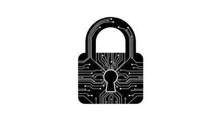 A black padlock with a circuit board design on a white background in a digital illustration silhouette
