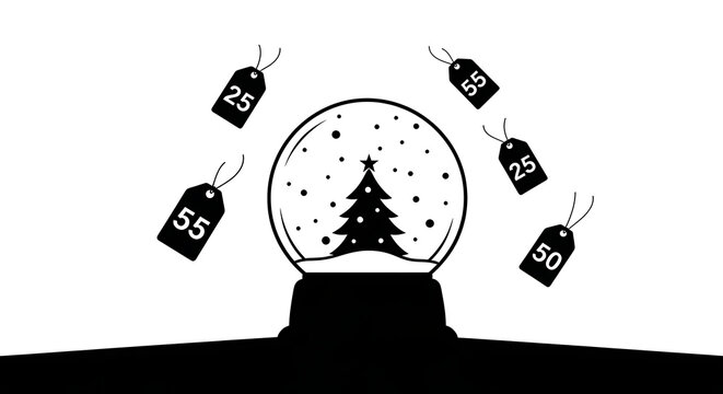 A snow globe with a christmas tree and price tags floating around it in black and white illustration silhouette - Powered by Adobe