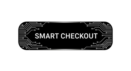 Black button with white text smart checkout and circuit board design on a white background silhouette