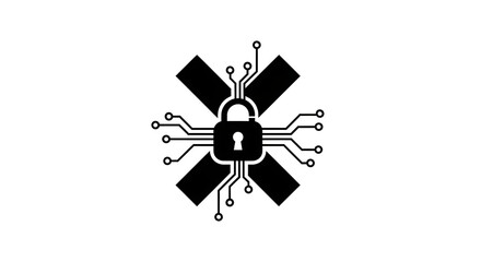 A black and white graphic of a padlock with a circuit board and crossed bars on a white background silhouette