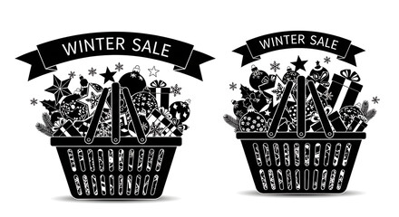 Two shopping baskets filled with christmas ornaments and gifts under winter sale banner black and white silhouette