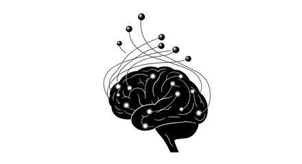 Stylized brain with connections represented by lines and spheres on a white background silhouette