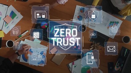 A dynamic workspace scene showcasing a diverse team engaged in discussions about the Zero Trust security concept. Innovative ideas and digital tools are highlighted. Raster - Powered by Adobe