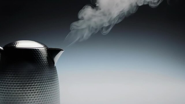 A silver, hammered tea kettle with steam billowing upward