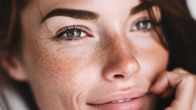 Close-up portrait of a beautiful woman with freckles and a gentle smile