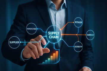 Supply chain supplier manufacturer retailer customer distributor business concept with digital interface and growth chart in hand of businessman