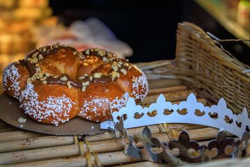 Couronne des Rois or Dreikonigskuchen crown cake for Epiphany, Strasbourg France