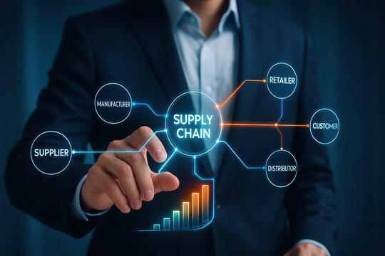 Supply chain supplier manufacturer retailer customer distributor business concept with digital interface and growth chart in hand of businessman