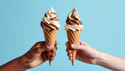 Stylized hands double-scoop cone vanilla chocolate swirl