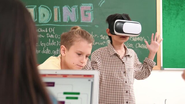 Energetic child wearing Vr headset while enter virtual world at classroom. Student programing system while generated AI to code engineering prompt software while boy fixing electronic board. Pedagogy.