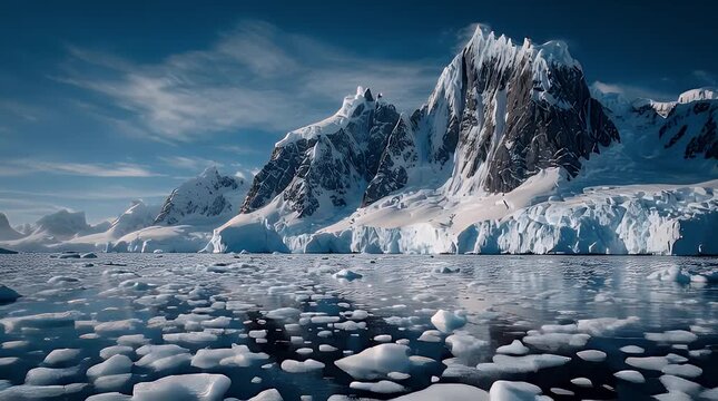 Snowy mountain range meets frozen sea under a vibrant blue sky