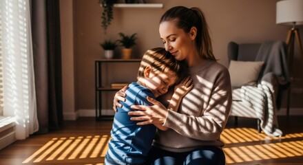 Woman cuddling with young sad boy at home, offering comfort and support. Mother and child sharing emotional moment for family bond concept.