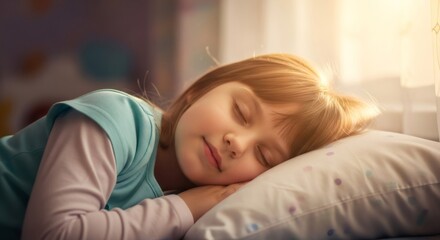 Fototapeta premium Little caucasian girl sleeping soundly on a white pillow in bright morning light. Childhood and peaceful dreams concept for health and well being.