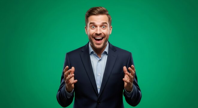 Surprised man looking into camera effect for chromakey isolated on green screen. Person in disbelief expressing shock and amazement. - Powered by Adobe