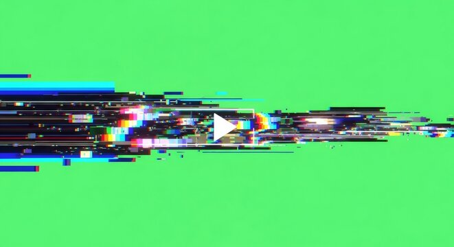 Video player icon with glitch effect on a green background. Digital distortion play button for transition template. - Powered by Adobe