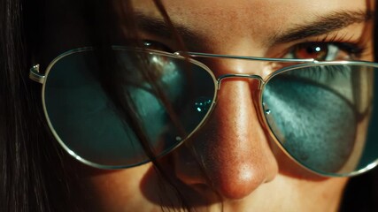 Close-up of a woman wearing aviator sunglasses with a reflection in the lenses - Powered by Adobe
