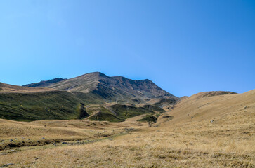 Sweeping view of rolling mountains under a clear, bright blue sky. The foreground slopes are covered in dry, tawny grass, transitioning to darker green scrub further up the hillsides. Georgia