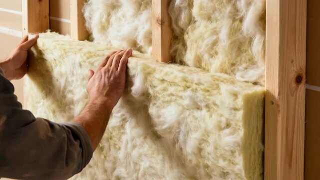 Medium shot of fiberglass batts being carefully fitted between wall studs demonstrating the materials excellent thermal performance and easy application.