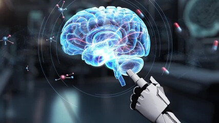 Close up of robotic hand pointing and clicking at brain holographic to access medical data or diagnosis symptom. Robotic hand checking at brain anatomy while using AI analyzing symptom. Salubrious. - Powered by Adobe