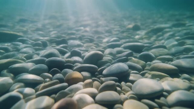 Smooth Pebbles Underwater with Gentle Ripples and Soft Sunlight Patterns