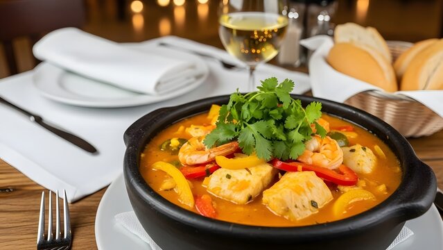 Close up of moqueca baiana in a black clay pot with cilantro and bread on a restaurant table