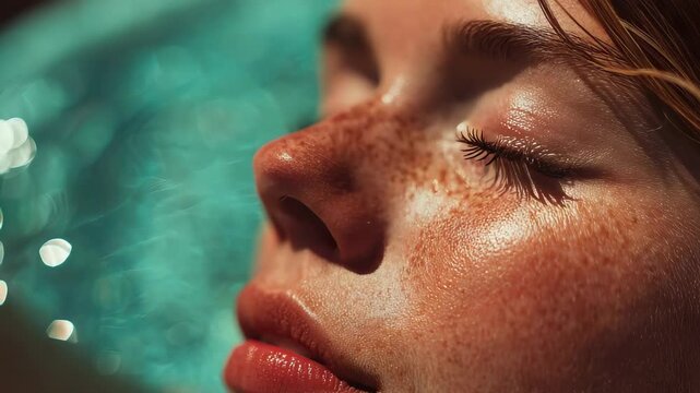 Close-up of a woman's face with freckles and closed eyes in sunlight