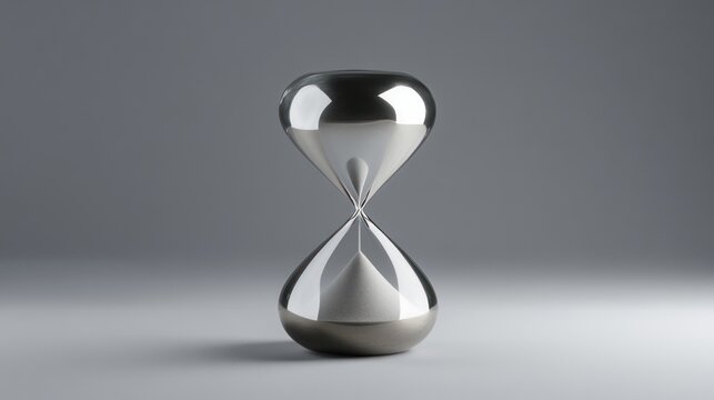a sophisticated silver hourglass reflecting light against a neutral backdrop conveys themes of impermanence and precious fleeting moments