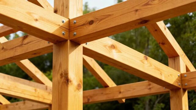 Medium shot of sturdy pine timber frame construction showcasing natural grain and smooth finish highlighting ecofriendly sustainable building methods.
