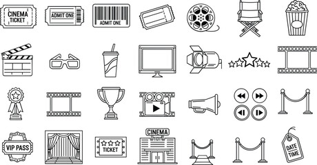 Cinema and movie entertainment outline vector icons set