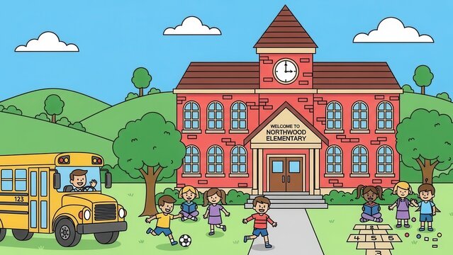 Cartoon illustration of a school building with children playing a school bus and a welcoming sign vector design for educational materials and school websites