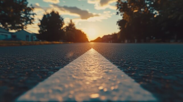 a mesmerizing sunset paints the horizon, guiding the road ahead into the golden hour glow, promising new adventures and pathways illuminated by hope