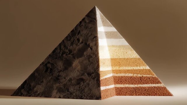 A striking pyramid shape reveals vibrant layers of textured dessert, showcasing rich colors that entice the senses. Each layer, crafted with precision, tells a delicious story of f