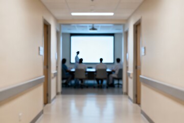 Generative AI healthcare team meeting from corridor.
