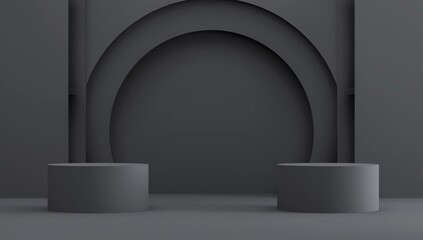 Abstract background black and grey circles with hexagonal podiums 3D render illustration on black background 
