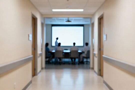 Generative AI healthcare team meeting from corridor.