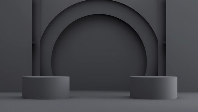 Abstract background black and grey circles with hexagonal podiums 3D render illustration on black background 