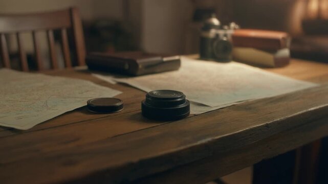 Cozy Vintage Wooden Table with Maps, Camera Lens, and Travel Essentials